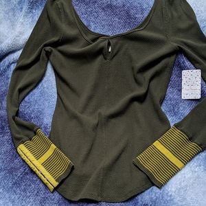 Free People Mod Striped Cuff Olive Green Thermal L